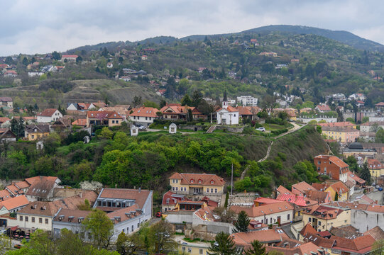 Calvary chapel on Saint Thomas Hill and hillside houses of Esztergom from above, Hungary