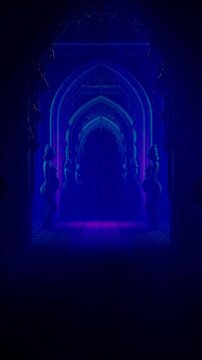 Mystic Dark Gothic Hallway with Cyan Carved Arches and Sculpted Female Statues