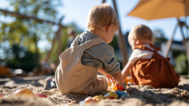 Rear view of two toddlers playing together in a bright sandbox at a playground on a sunny day enjoying outdoor activities and building with colorful toys in a safe natural environment