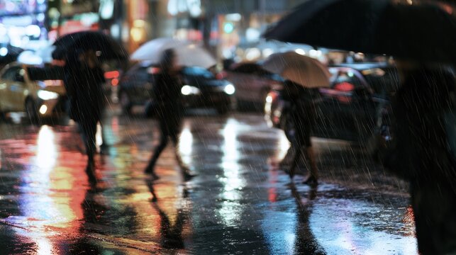 People walking on a rainy street with umbrellas in a busy city at night
