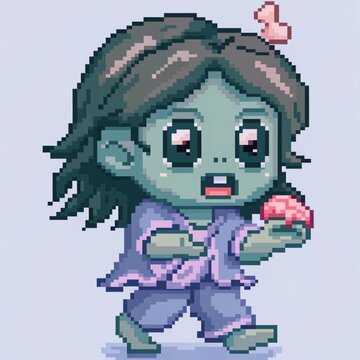 A pixel art cartoon zombie girl running happily
