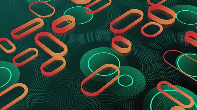 Seamless loop of abstract geometric pattern with sliding rounded capsule shapes and concentric circles. Oddly satisfying kinetic motion design animation showing perpetual rhythmic balance background.