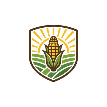 Badge logo design featuring a corn cob in a field with sun rays.