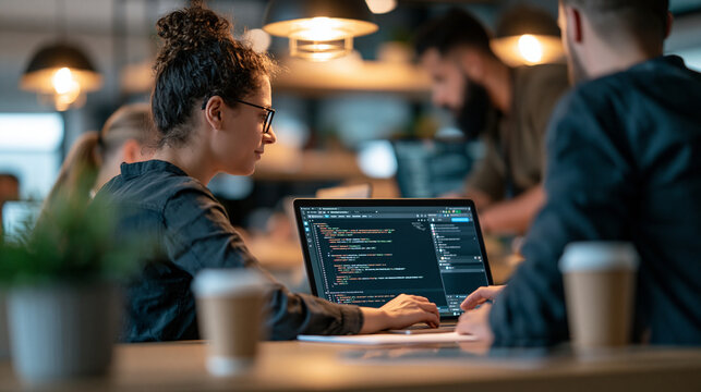 Rear view of a professional team of programmers working together on a software development project in a bright IT company office writing code for a website and database application