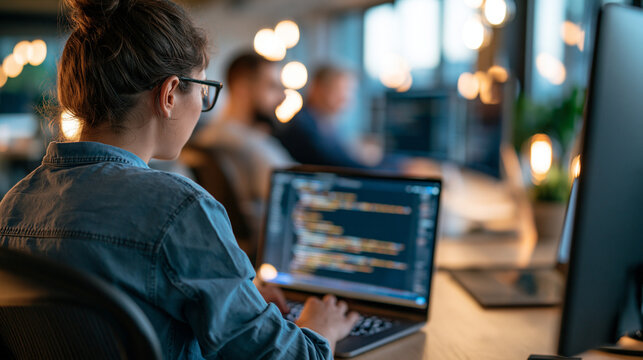 Rear view of a professional team of programmers working together on a software development project in a bright IT company office writing code for a website and database application
