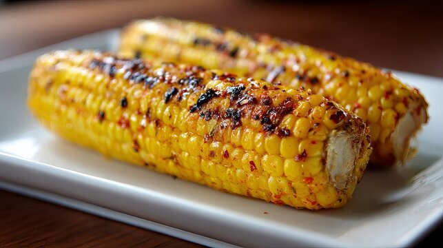 Grilled corn on the cob presents vibrant yellow kernels, showcasing charred spots and savory seasoning, delicious summer treat
