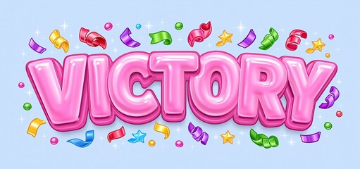 Naklejka premium Victorious 3D letters adorned with sparkling confetti and vibrant streamers in a lively celebration setting.