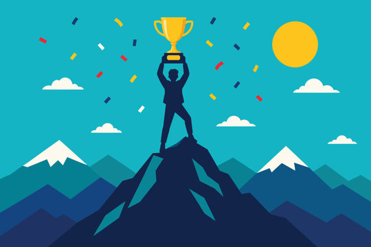 Silhouette of successful person holding golden trophy cup standing on top of high mountain peak illustration