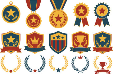 Fototapeta premium Vintage award medals and shield badges set. Gold trophy icons with laurel wreaths. Retro achievement symbols for sports and business.