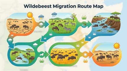 Naklejka premium Wildebeest migration route map infographic showing seasonal movement