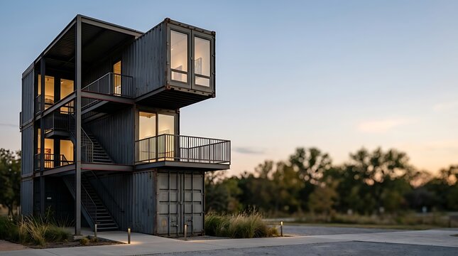 Modern three story shipping container house at dusk
