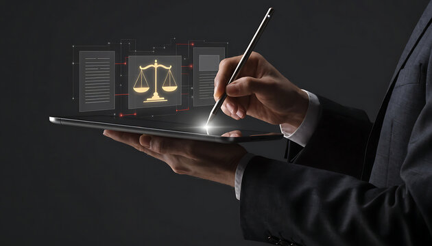 Businessman using a digital tablet with a holographic interface showing legal scales of justice and documents, representing legal technology and law services