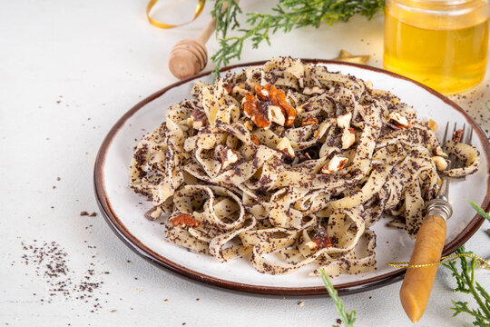 Sweet pasta, noodles with poppy seed and nuts