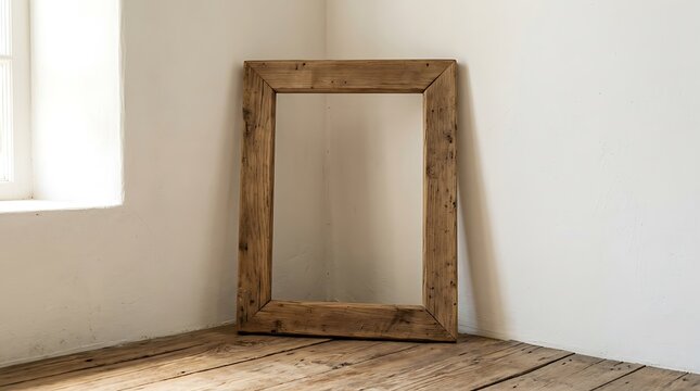 Rustic wooden picture frame leaning against a white wall corner