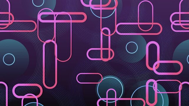 Seamless loop of abstract geometric pattern with sliding rounded capsule shapes and concentric circles. Oddly satisfying kinetic motion design animation showing perpetual rhythmic balance background.