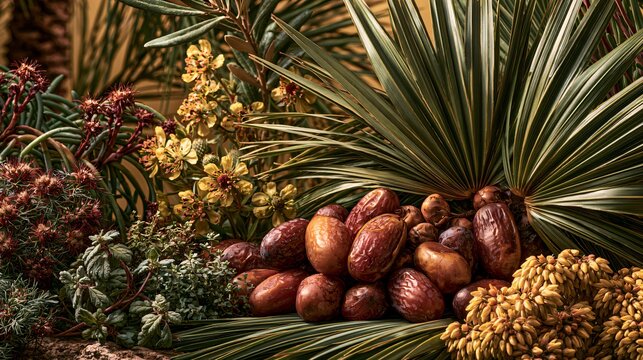 A botanical composition featuring date palm fruit surrounded by fresh palm fronds, flowering desert plants, herbs, and warm oasis scenery