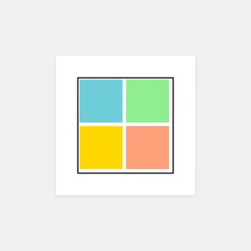 Minimalist square icon divided into four smaller colorful quadrants with blue green yellow and orange panels on white background