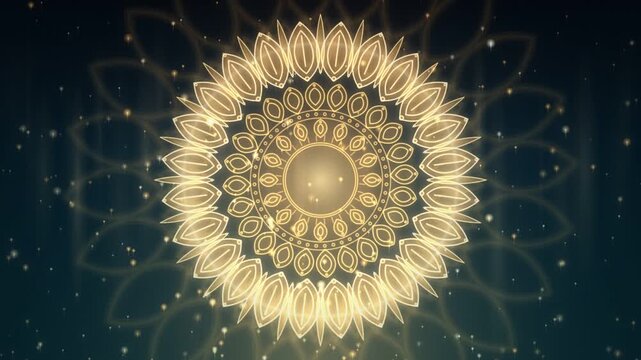 Golden ornamental mandala rotating and pulsing with glowing particles on dark teal background