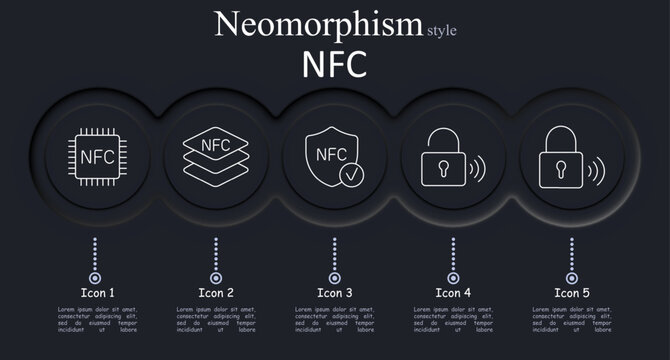 NFC set icon. Chip marks nfc text. Stack marks nfc text. Shield marks nfc check. Lock emits signal waves. Lock emits signal waves.