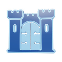 A 3D icon of a medieval castle gate with two tall towers and a central arched entrance, rendered in glossy blue shades on a white background isolated on a transparent background © Arthur