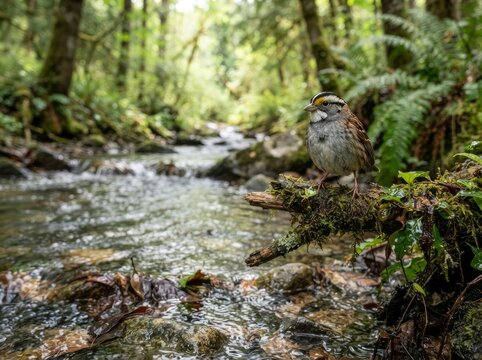 A white-throated sparrow perched on a mossy branch above a shallow, flowing woodland stream in a lush, green forest environment.