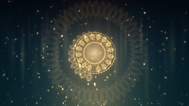 Golden ornamental mandala expanding from a light burst and shrinking back on dark background