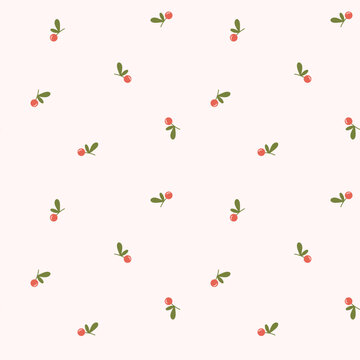 Cute seamless pattern with small red berries and green leaves scattered on a soft pink background. Flat vector botanical repeat design for fabric, wrapping, stationery, wallpaper and graphic projects.