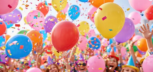 Naklejka premium Colorful balloons and confetti create a joyful birthday party setting with lively decorations and happy guests.