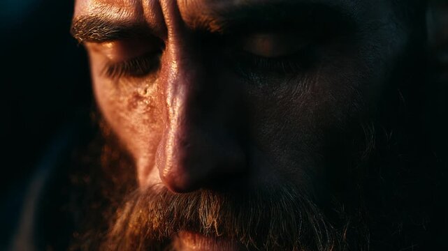 Close-up portrait of a weathered man with a long beard and intense gaze