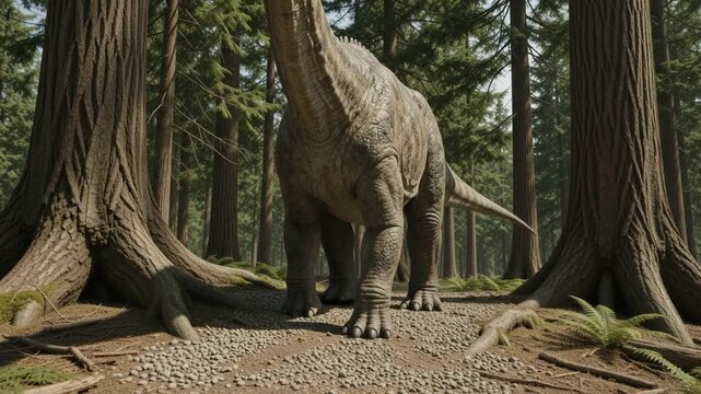 Large Prehistoric Sauropod Dinosaur Walking on a Forest Trail