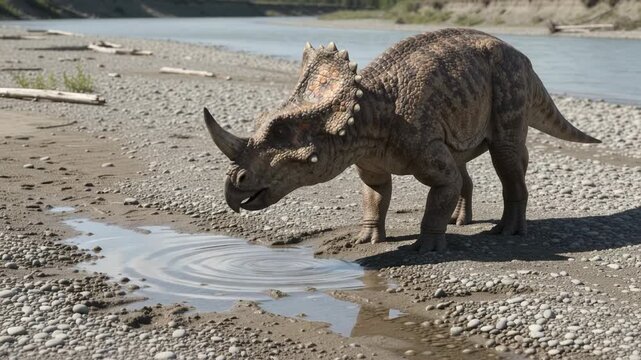 Horned Ceratopsian Dinosaur Drinking from a Puddle on a Riverbank