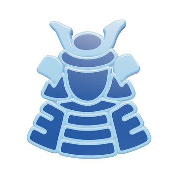 A 3D icon of a traditional samurai helmet, known as a kabuto, rendered in shades of blue with a light blue outline on a white background, stylized isolated on a transparent background
