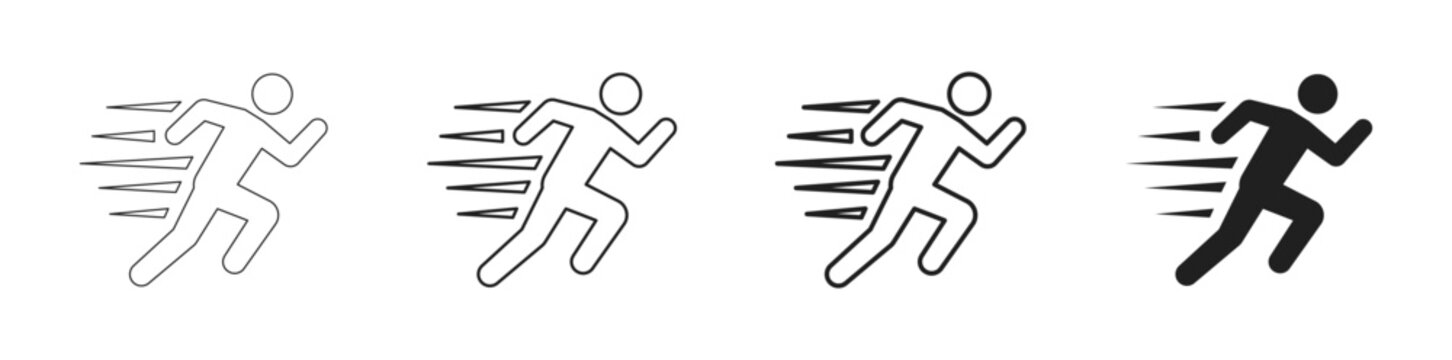 Running Stick Figure Sprint Icons. Running Stick Figure Sprint Multi Stroke Line and Solid Silhouette Vector Icon Set, Quick Motion, Speed Delivery, Athletics Workout, Marathon Race, Express Courier, 