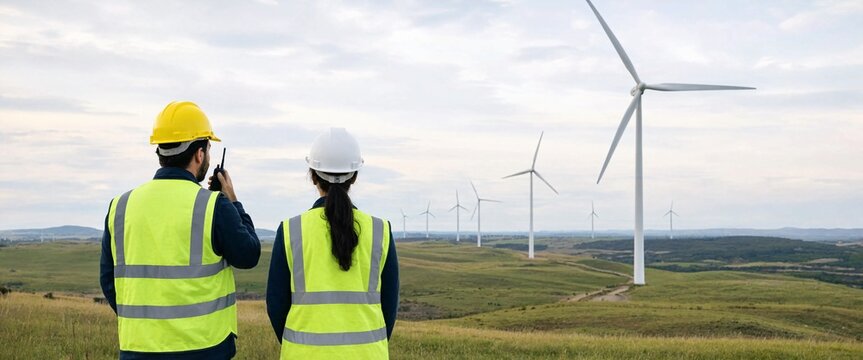 Engineers wearing yellow safety helmets and reflective vests observing wind turbine energy farm site.