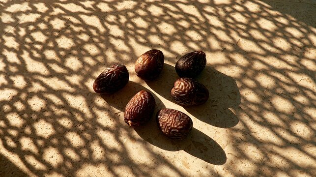 A date palm fruit composition framed by intricate mashrabiya window shadows stretching across polished limestone beneath warm desert sunlight