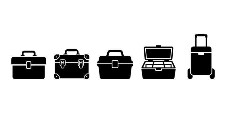 Five different luggage and toolbox icons in black and white