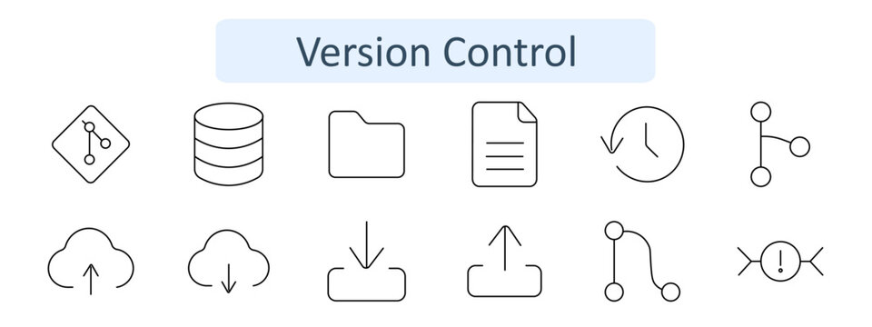 Version control set icon. Branch diamond, database cylinder, open folder, text page, history clock, branch nodes, cloud upload, cloud download, download tray, upload tray, curved, conflict node.