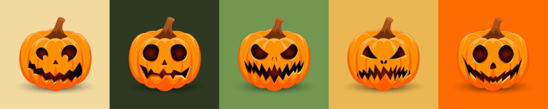 Set of Halloween pumpkins with scary and funny faces isolated on  color backgrounds for holiday Happy Halloween. Vector illustration.