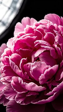 Close Up View of a Vibrant Pink Peony Flower with Dew Drops