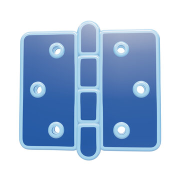 A 3D rendered icon of a blue metal door hinge with four screw holes, presented on a transparent background, for hardware and, construction digital projects isolated on a transparent background