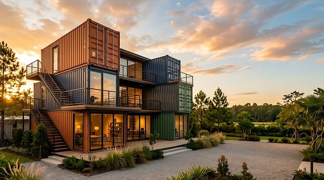 Modern shipping container house stands in a garden at sunset