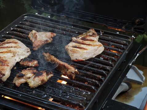 Juicy pork steaks and meat pieces grilling on hot barbecue grate with barbecue