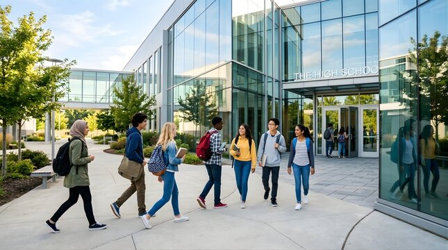 Diverse high school students walking outside modern school building