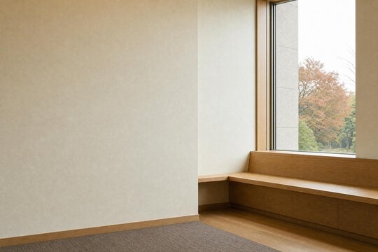 Quiet Japanese library reading alcove with blank wall