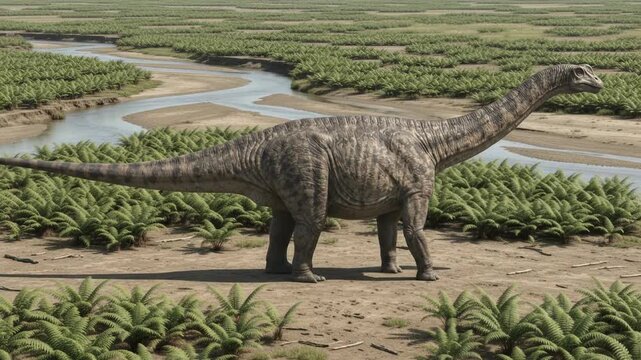 Diplodocus standing in a lush prehistoric valley and swinging its long tail