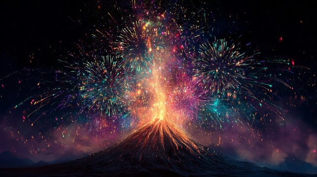Explosive fireworks burst above a dark volcanic peak, displaying a vibrant celebration against a dramatic nightscape