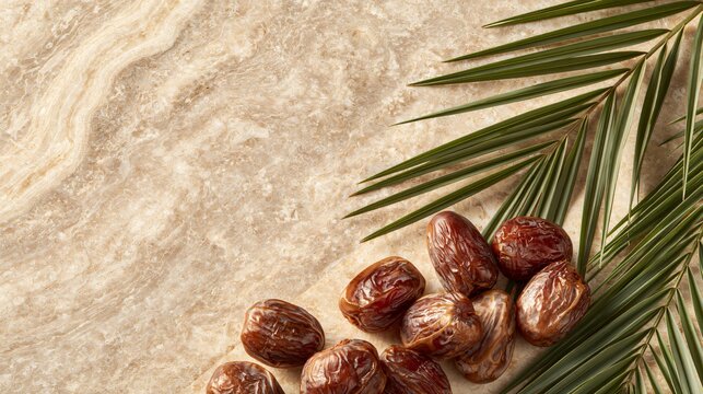 A premium advertising composition positioning date palm fruit along the border of polished travertine while preserving expansive architectural copy space