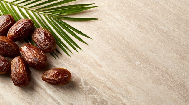 A premium advertising composition positioning date palm fruit along the border of polished travertine while preserving expansive architectural copy space