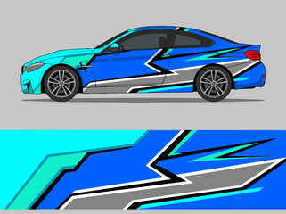 Fototapeta premium Blue and cyan geometric car wrap design on sports car.