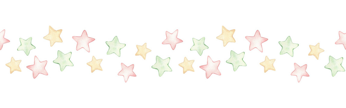 Watercolor seamless border with multicolored stars. Hand-drawn print with colorful stars in pink, green, and yellow. Design and decoration of ribbons and tape. Horizontal banner.